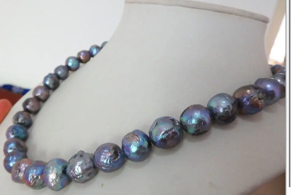 

11MM tahitian black blue pearl necklace 18inch 14KGP