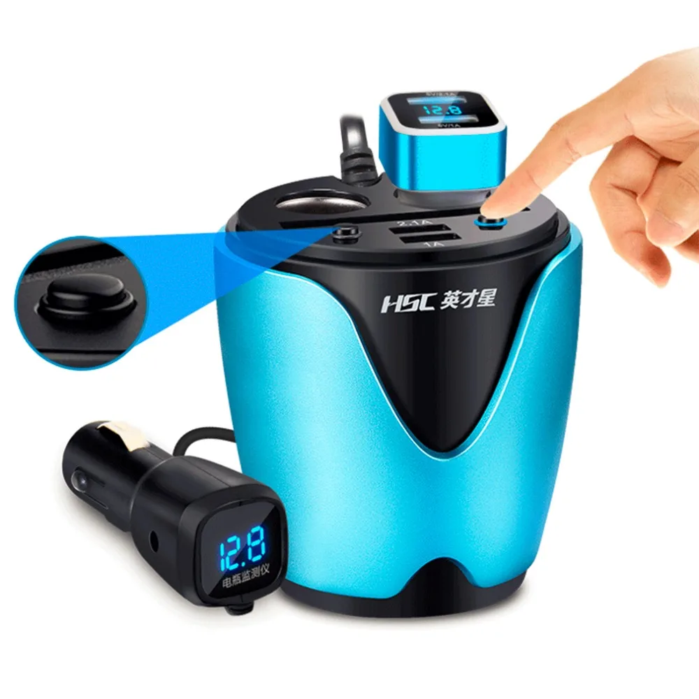 

12-24V 3.1A 3 color output 2 USB car charger with Voltage Current display car cup holder Car Cigarette Lighter Socket Adapter
