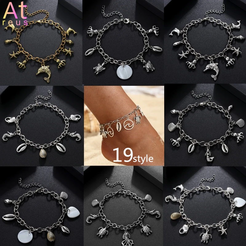 

Bohemia Antique Silver Color Turtles Anklet Metal Starfish Mermaid Octopus Seahorse Wave Shell Conch Pendant leg bracelet Dohpin