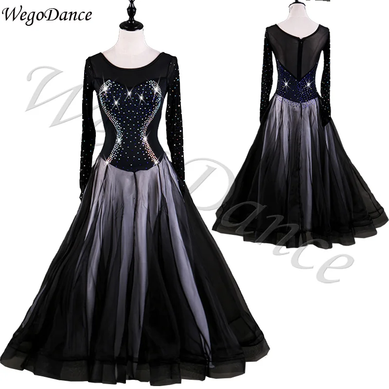 

customized long sleeve Modern dance dress competition waltz ballroom rhinestone waltz national standard dance dresses