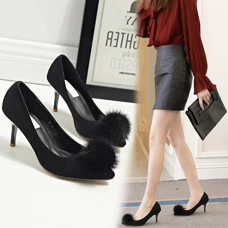 LALA IKAI Fur Pompon Decoration Women's Heels 2017 Fashion Flock 2017 Women's Pumps Wedding Shoes 040C0922-4 (7)