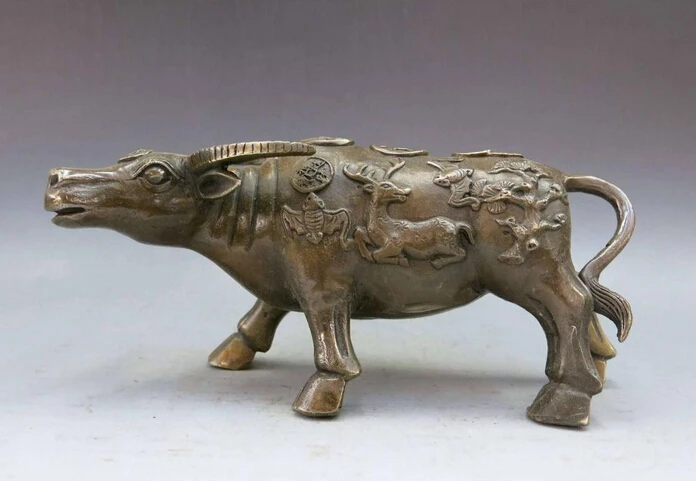 

China brass copper Feng Shui lucky money bat deer pine tree cattle ox Statue gift arts crafts decoration