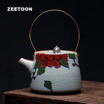 

200ml Jingdezhen Ceramic Crackle Glaze Hand Painted Peony Crossbeam Teapot Kung Fu Tea Sets Tea Pot Vintage Home Decor Kettle
