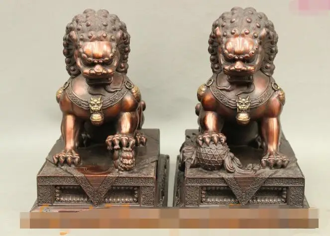 

S06656 10" FengShui Chinese Folk Bronze Guard Lucky Foo Fu Dog Lion Seat Statue Pair