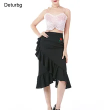 Deturbg Для женщин Винтаж цветок вышивка юбка миди Повседневное Высокая талия на молнии Асимметричный оборками черные юбки Весна SK194