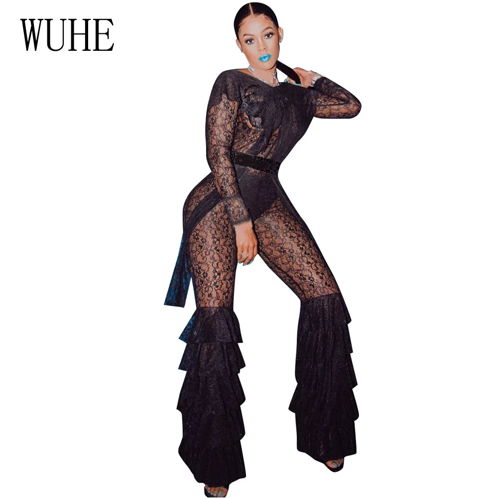 WUHE Women Sheer Long Sleeve Lace Jumpsuit Sexy See Through Multilayer Ruffles Bodycon Rompers Night Club Party Overalls