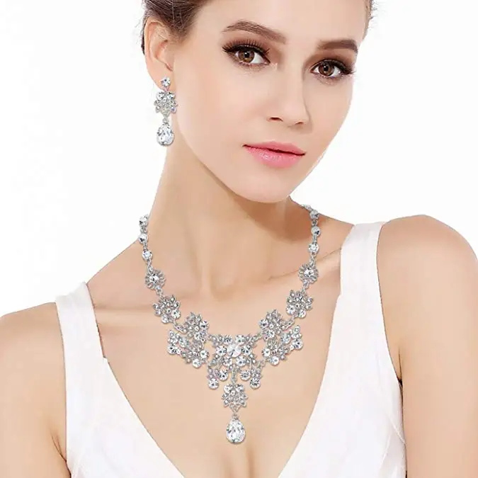 Rhinestone Jewelry Sets Necklace Pendant Tiaras Earrings For Women Pageant Wedding Crowns Bridal Hair Accessories (2)
