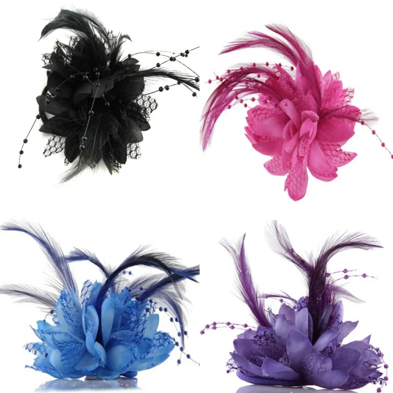 

Women Ladies Flower Feather Bead Corsage Hair Clips Fascinator Bridal Hairband Brooch Pin