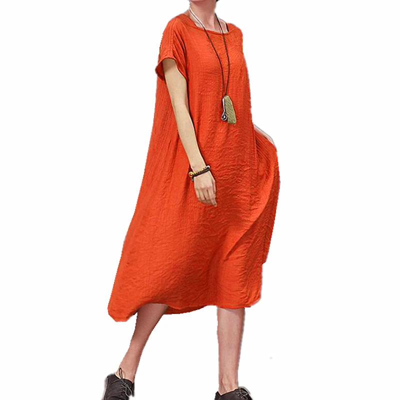 Винтажные женские летние однотонные платья с коротким рукавом, льняное повседневное длинное платье-рубашка, свободное хлопковое облегающее платье с квадратным вырезом, Vestido 5XL - Цвет: Orange