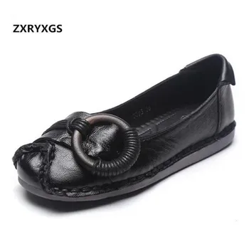 

2019 new spring retro decoration genuine leather shoes comfort breathable women flat shoes non-slip soft casual shoes woman