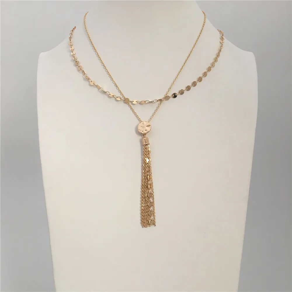 

ROMANTIC WOMEN NECKLACE GOLD COLOR PLATING ROUND DISC WITH CHAIN TASSEL PENDANT LAYERED NECKLACE FOR WOMEN GIRL