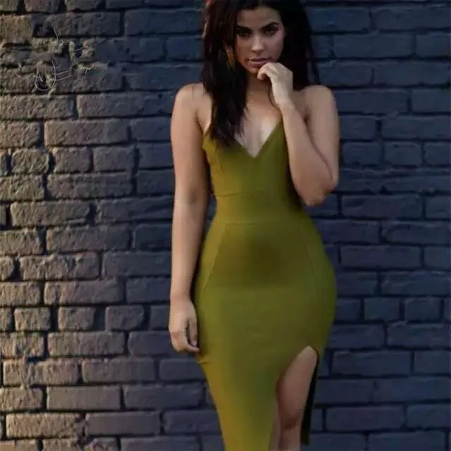 Одежда высшего качества зеленого цвета без рукавов с v-образным вырезом, до колена, из искусственного шелка Толстая Бандажное платье Оболочка благородное платье