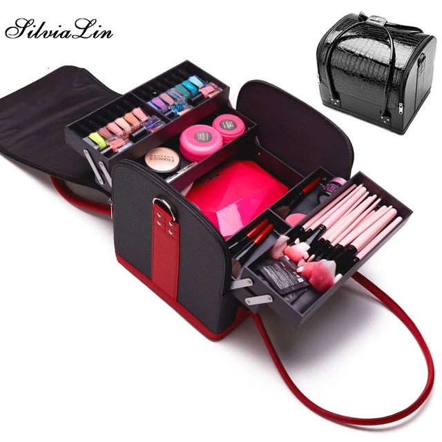 

PU Leather Portable Cosmetic Bag For Cosmetics Large Capacity Women Travel Shoulder Makeup Bag Suitcase For Manicure Cosmetology