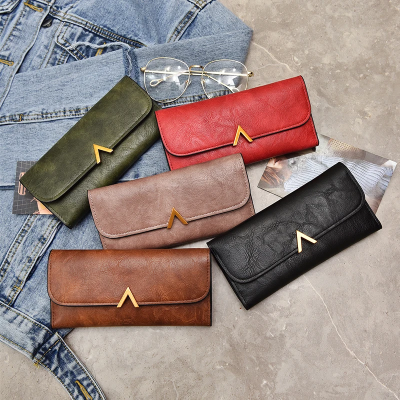 KMFFLY Vintage Women Wallets And Purses Long Leather Hasp Ladies Wallet With V Letter Credit Card Holder Zipper Clutch For Girls