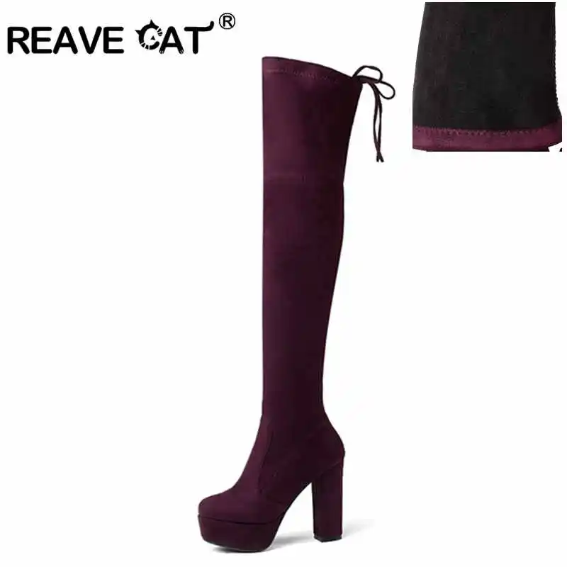 Женские зимние сапоги REAVE CAT теплые выше колена на платформе и квадратном каблуке