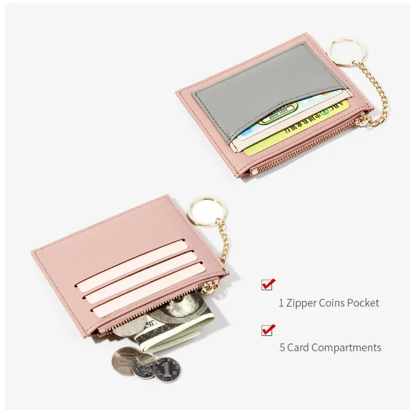 Women Mini Slim Leather Card Holder Front Pocket Fashion Lady Girls Small Wallet Bus Card Coin Holder Change Purse with keychain