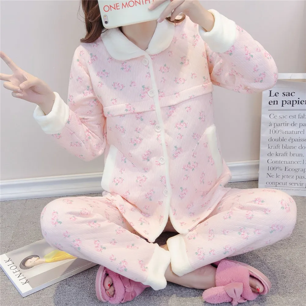 

2Pcs/set Maternity Breastfeeding Pajamas Sets Autumn Winter Cotton Thick Warm Nursing Nightgown For Pregnant Womens Nightwear