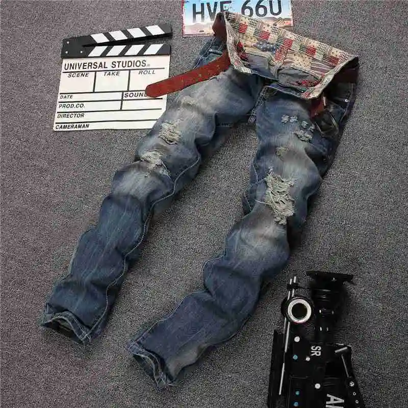 1509 2017 Ripped Straight jeans Fashion Men biker jeans Slim fit High street Distressed jeans