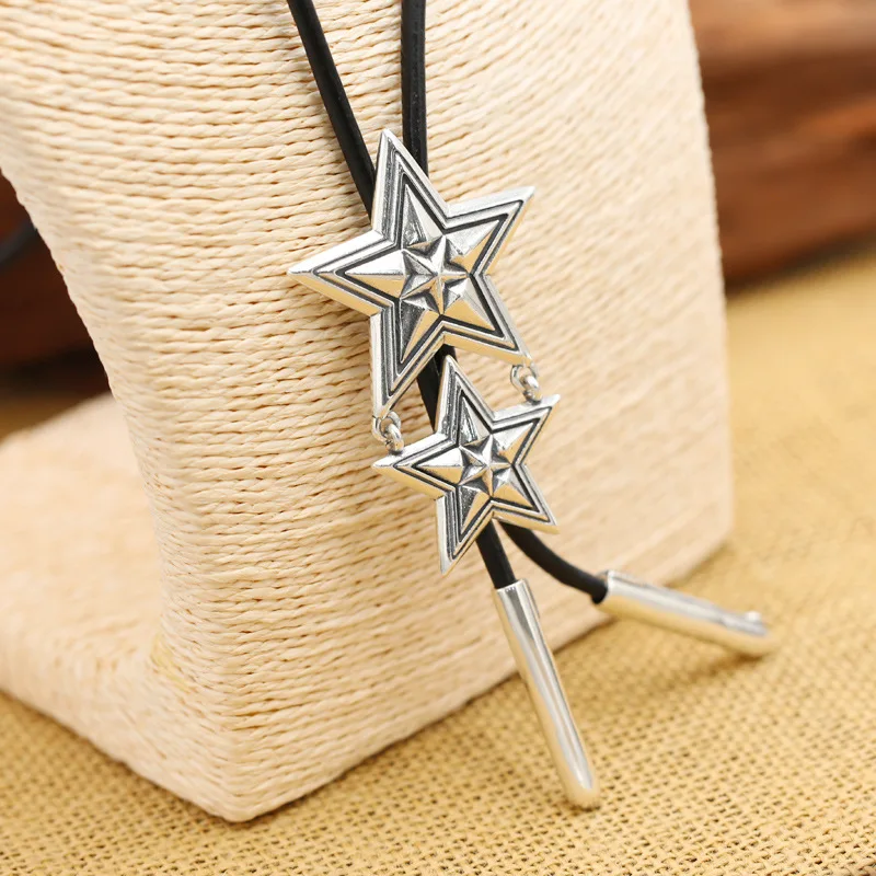 

Starfield S925 Sterling Silver Retro Thai Silver Cody Five Pointed Star Men Women Models Leather Rope Suit Sweater Chain