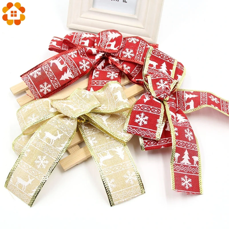 1pc Big Size Diy Christmas Printing Linen Bows For Home Xmas Tree