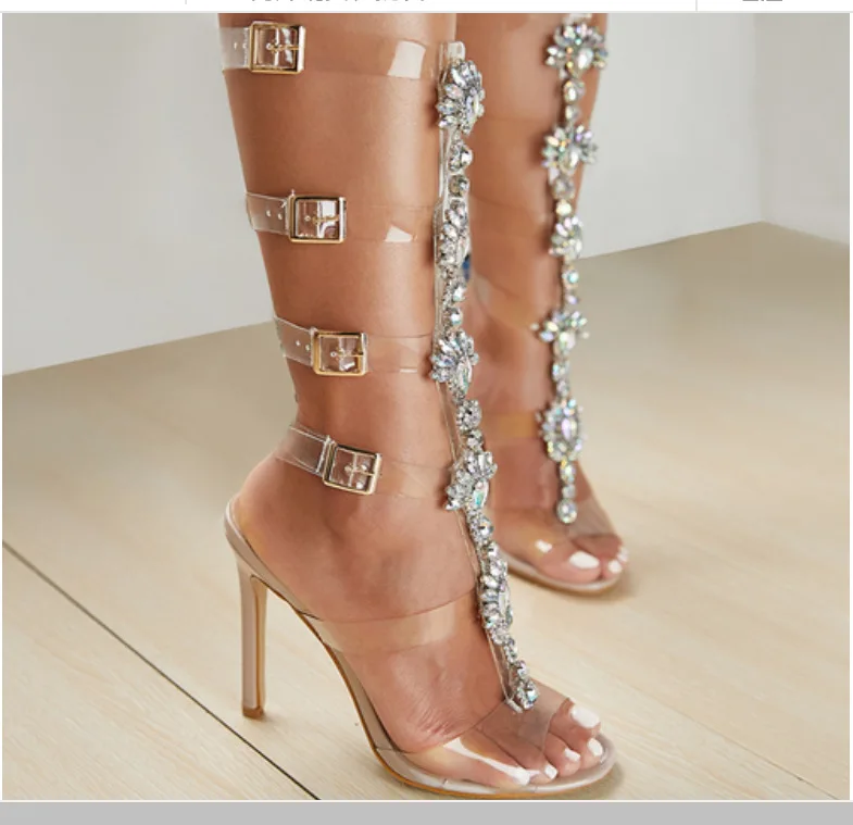 

2019 Europe and the new sexy rhinestone high heel sandals transparent plastic fashion women