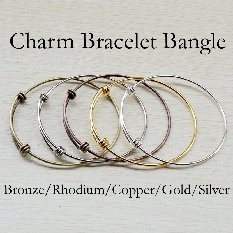 

50 pcs - Charm Bracelet Blank, Adjustable Charm Bangle, Expandable wire Bangle Bracelet - Silver/Gold/Steel/Bronze/Copper