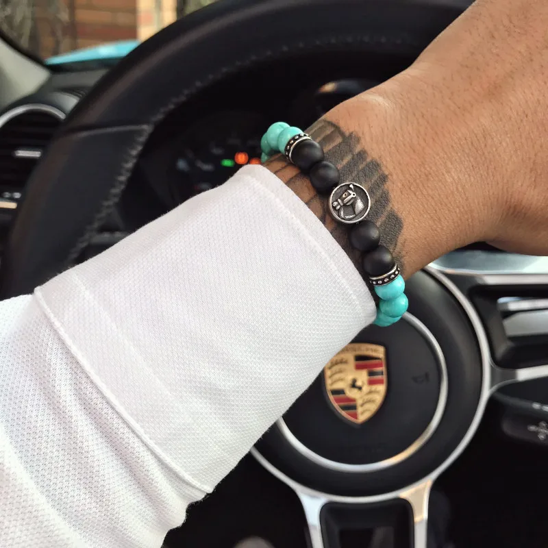

Mcllroy Charm bracelets men male natural blue stone titanium steel horse head strand Bracelets & bangles couple jewelry pulseras