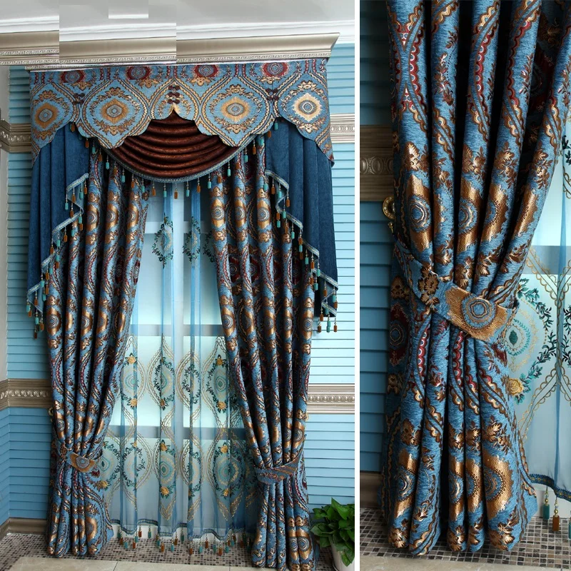 Custom Made Luxury Villa Club Curtain for Living Room Tulle Window Curtains Blue Hanging beads Curtains Jacquard process curtain Custom Made Luxury Villa Club Curtain for Living Room Tulle Window Curtains Blue Hanging beads Curtains Jacquard process curtain