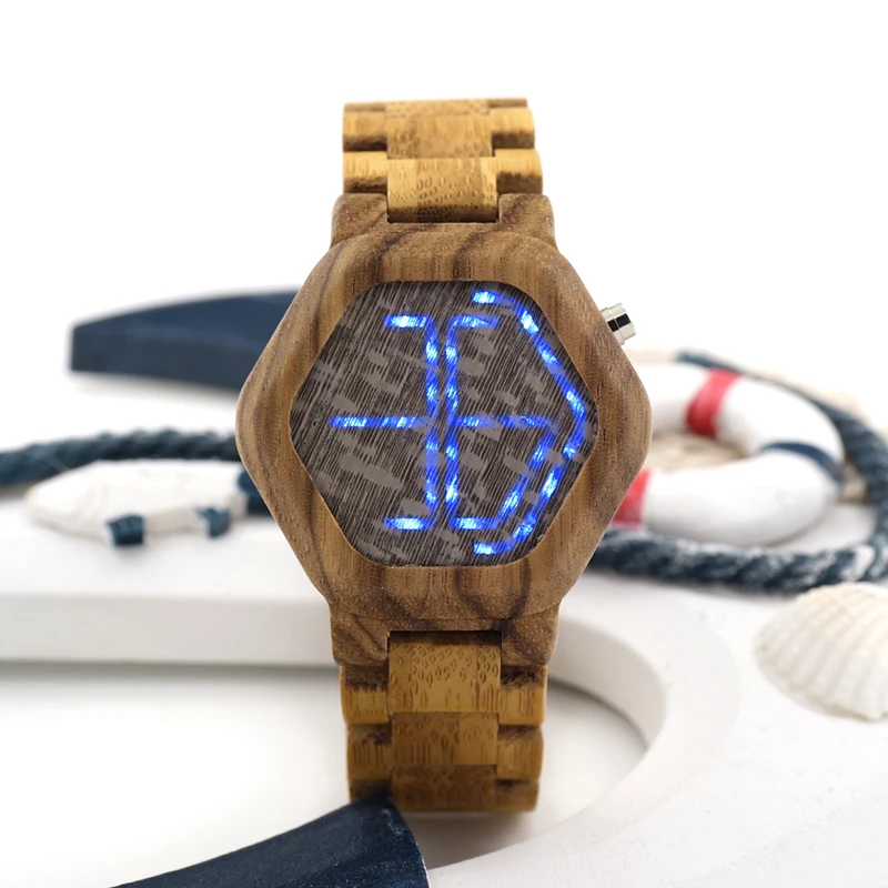 

BOBO BIRD Wood Digital LED Men Watches  Kisai Night Vision Wooden Calendar Wristwatch LED Watch Minimal Time Display C-E02