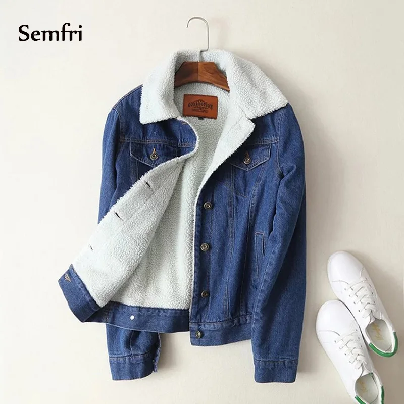 Semfri куртка зимняя женская джинсовая с мехом овечьей шерсти chaqueta mujer 2019 длинным