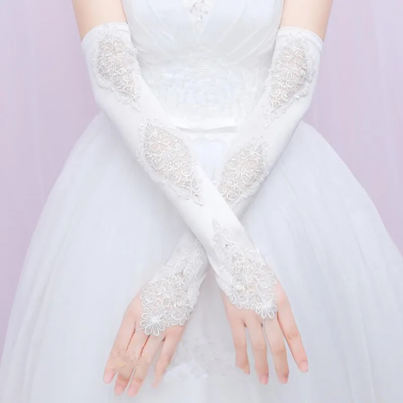 Длина оперы прозрачные кружевные атласные длинные перчатки для невесты свадебные перчатки для невесты цвета слоновой кости танцевальные перчатки для женщин
