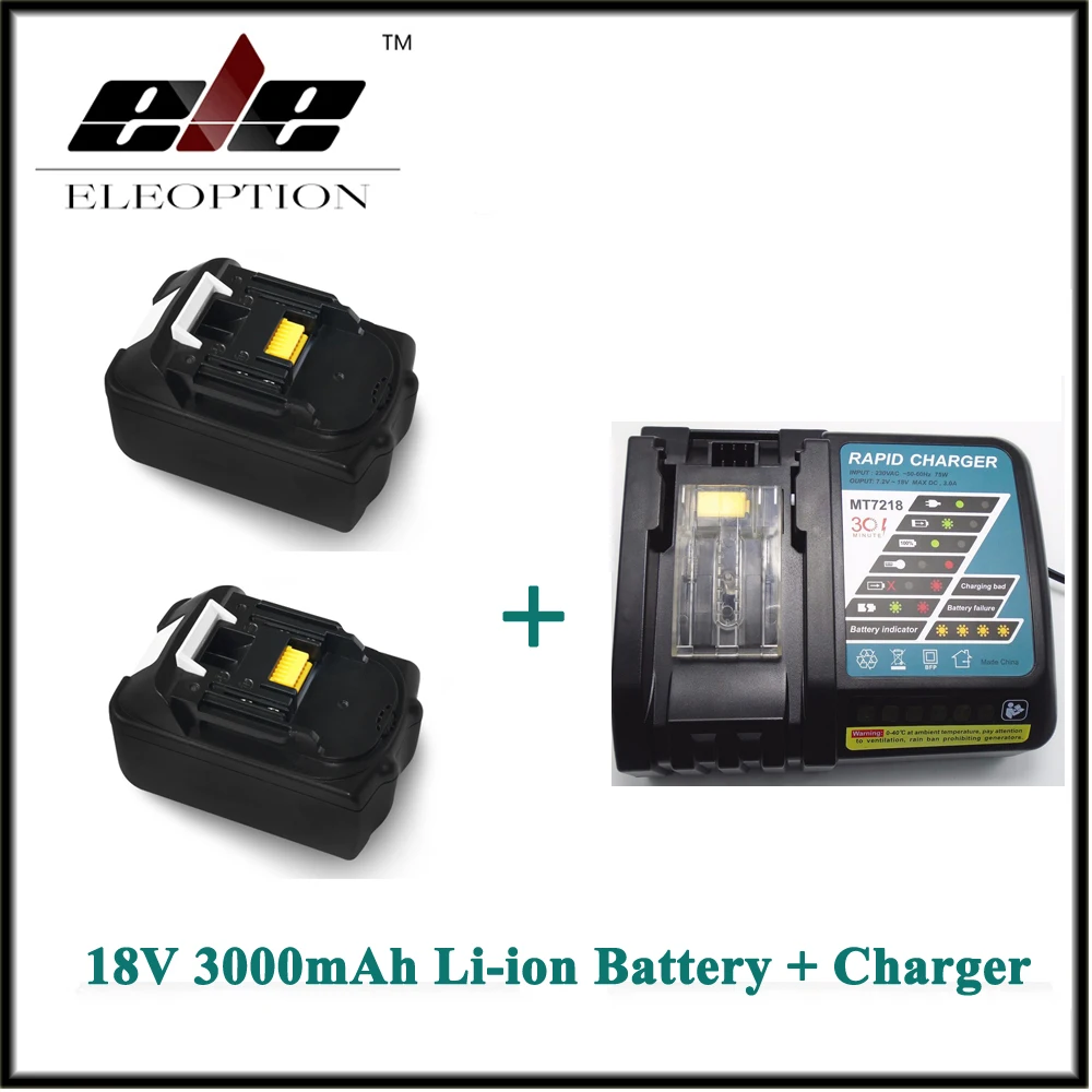 

Eleoption for Makita 18V 3000mAh 3.0Ah Lithium-ion Recharegeable Power Tool 2 pcs Batteries for BL1830 BL1840 + Charger