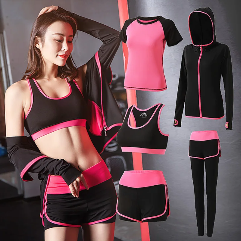Комплект из 5 предметов,, одежда для тренировок, быстросохнущая, впитывающая пот, дышащая, высокая талия, спортивная одежда для йоги, костюм для женщин