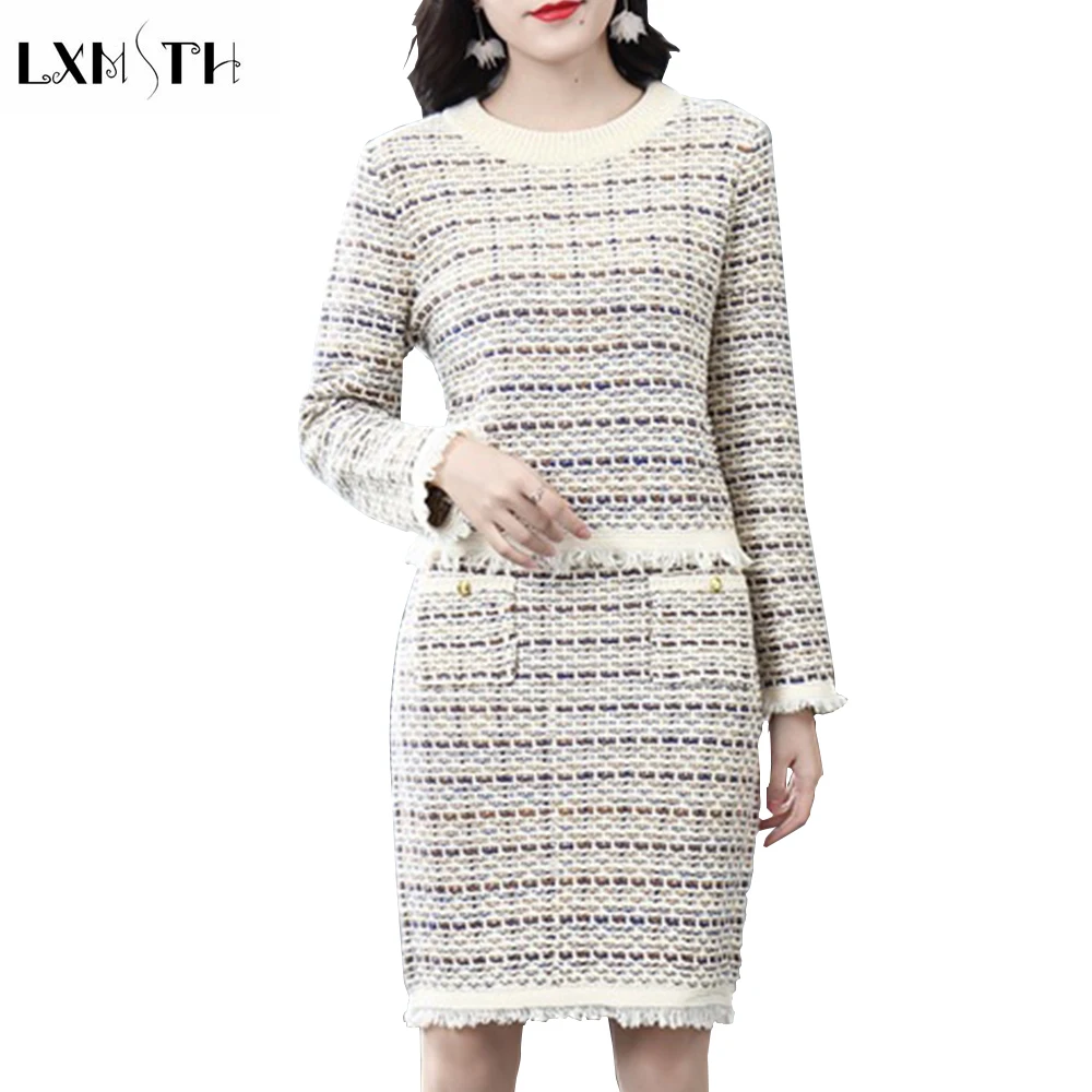 LXMSTH 2019 Herfst Tweed Set Vrouwen Tweedelige Gebreide Pakken Plaid Kwastje Trui + Gouden Knop Pocket Sexy Mini Rok set Top LXMSTH 2019 Herfst Tweed Set Vrouwen Tweedelige Gebreide Pakken Plaid Kwastje Trui + Gouden Knop Pocket Sexy Mini Rok set Top