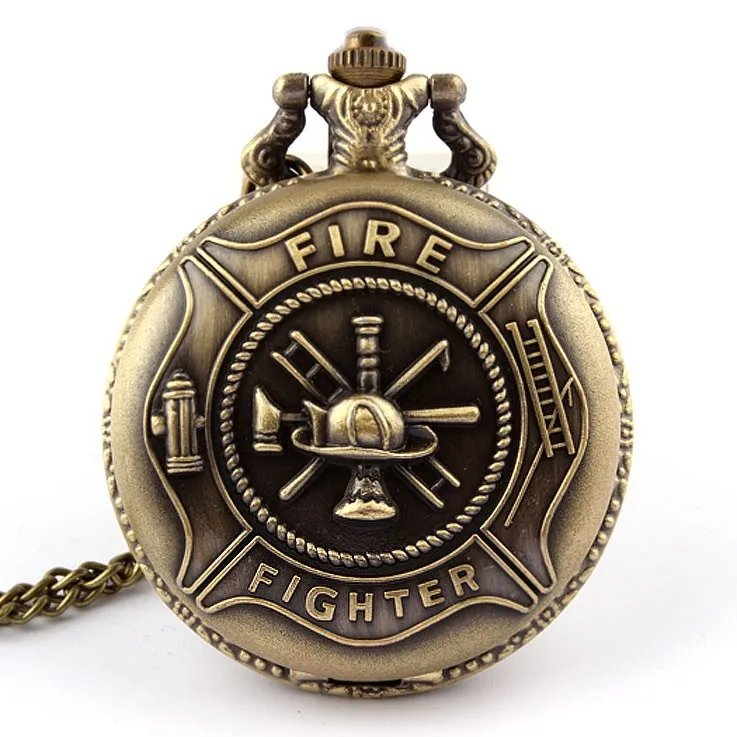 Уникальный бронзовый пожарного Управление кварцевые карманные часы Цепочки и ожерелья подвеска Relogio de bo