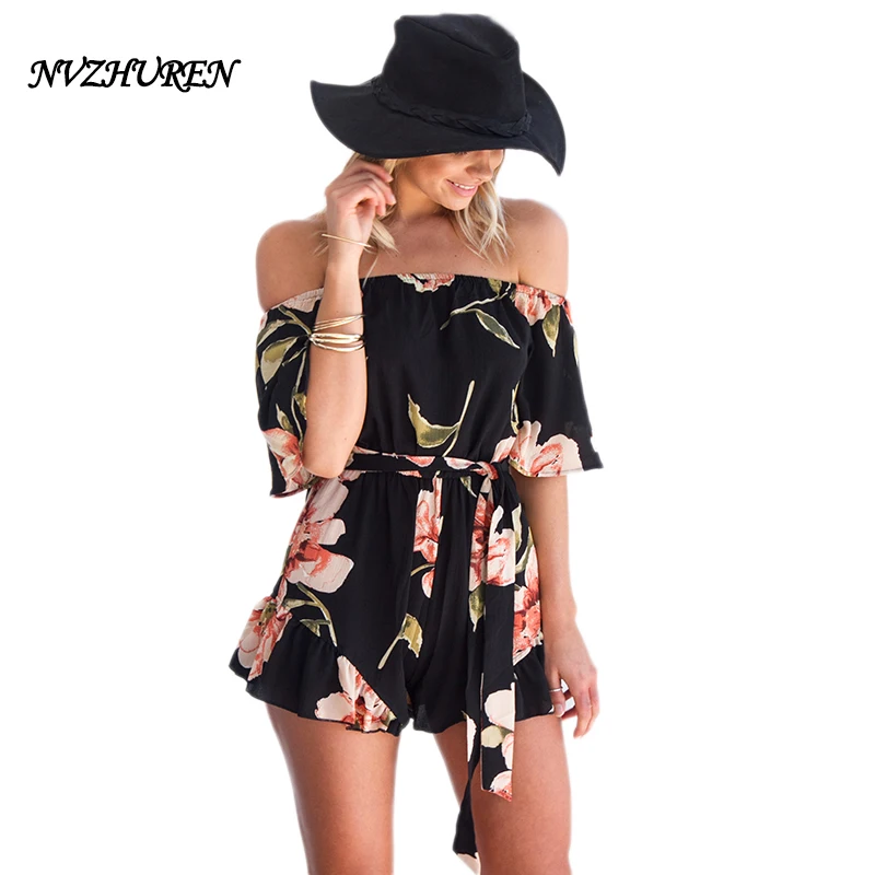 NVZHUREN Short Sleeve Off Shoulder Summer Beach Playsuits For Women Floral Print Ruffles Rompers Jumpsuit | Женская одежда