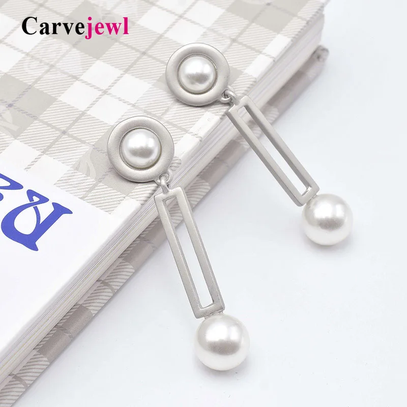 

Carvejewl simulated pearl earrings round long rectangle hollow out drop dangle earring pink glitter stone European women jewelry