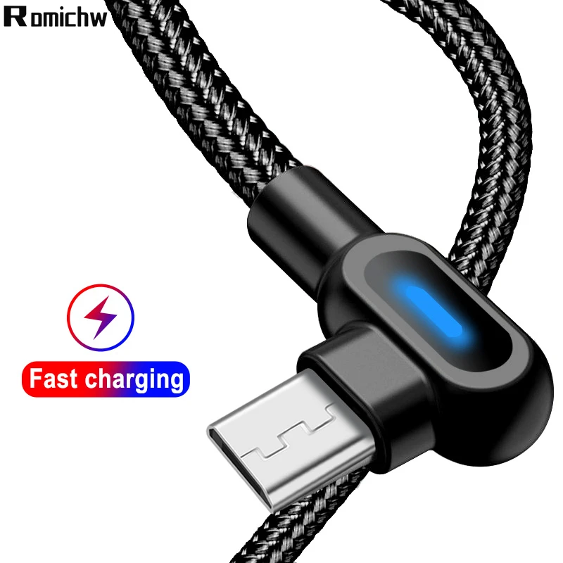 Romichw 90 درجة الكوع مزدوج LED الإضاءة مايكرو كابل USB لسامسونج S8 s9 plus اللوحي شاحن هاتف محمول يعمل بنظام تشغيل أندرويد USB كابل شحن
