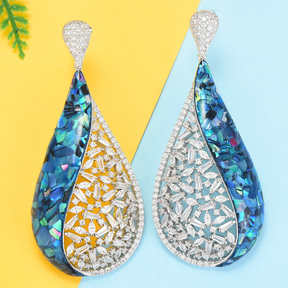 

GODKI Luxury Blue Shell Dangle Earrings Trendy Cubic Zircon Wedding Engagement Party Dubai Gold Earrings for women 2019