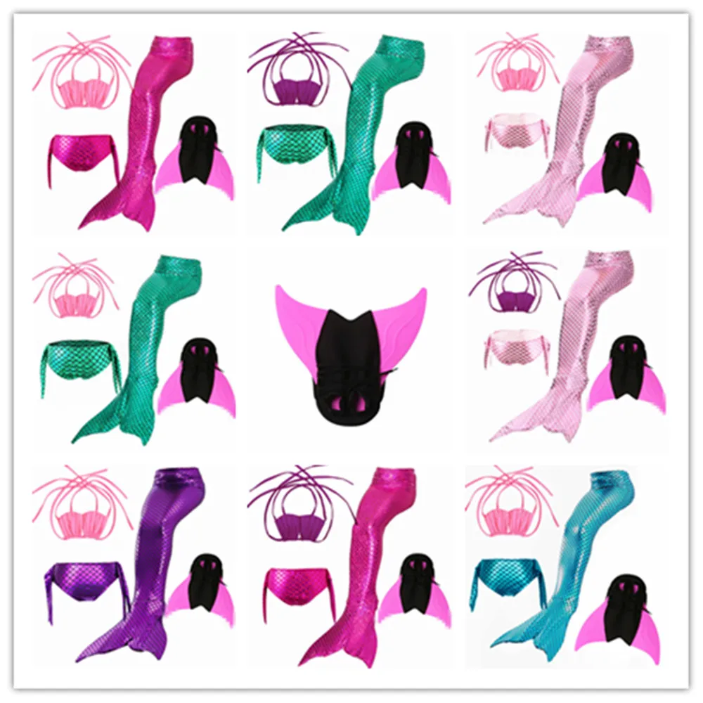 

4 piece Bikinis Set Kids Mermaid Tail with Monofin Flipper Costume for Girls Swimming Cosplay Children Swimmable Bathing Suit