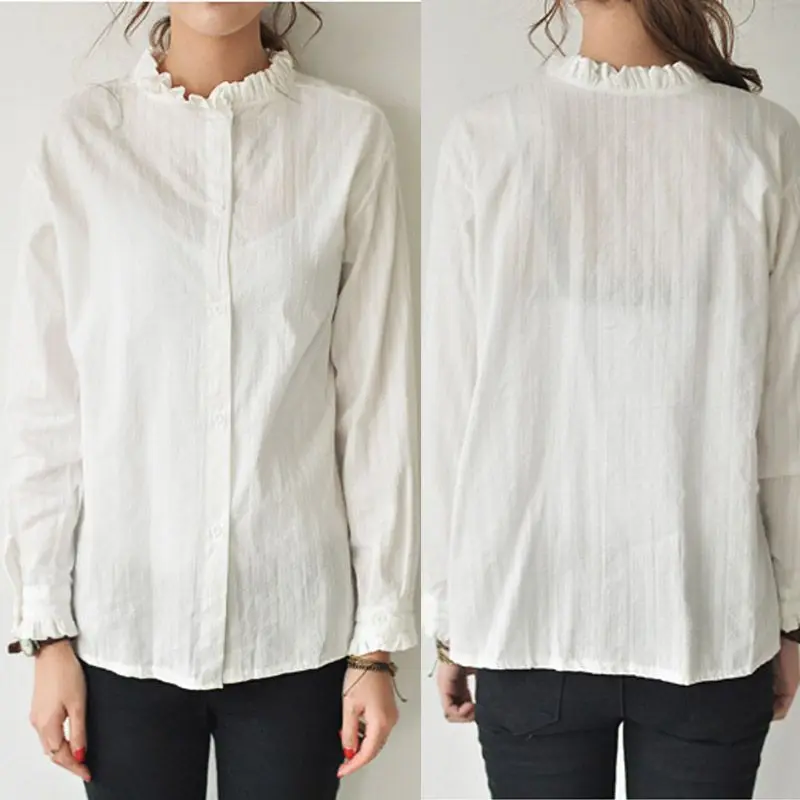 

Harajuku Women Long Sleeve Stand Collar White Blouse Shirt Spring Casual Solid Tops And Blouses Autumn Women Clothes 2019