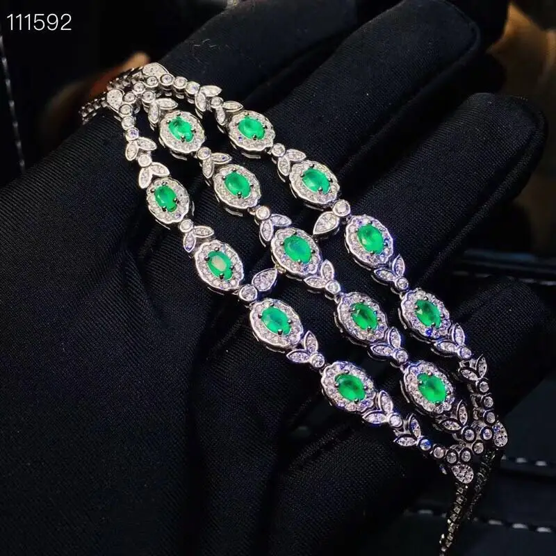 Настоящий натуральный изумруд драгоценный камень браслет 925 пробы Серебряный Зеленый камень браслет для женщин хорошее свадебное ювелирное изделие