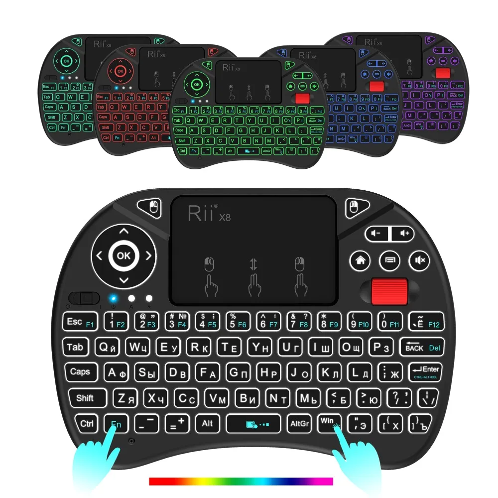 Goede Originele Rii X8 2.4G Mini Russische Wireless Keyboard met Touchpad, veranderlijke kleur LED Backlit, li ion Batterij voor TV box, PC