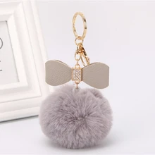 Женский брелок с помпонами из искусственного меха, брелок для ключей, стразы, кожа, бант, Искусственный Кролик, шар, брелок, сумка, автомобильный брелок, Прямая поставка