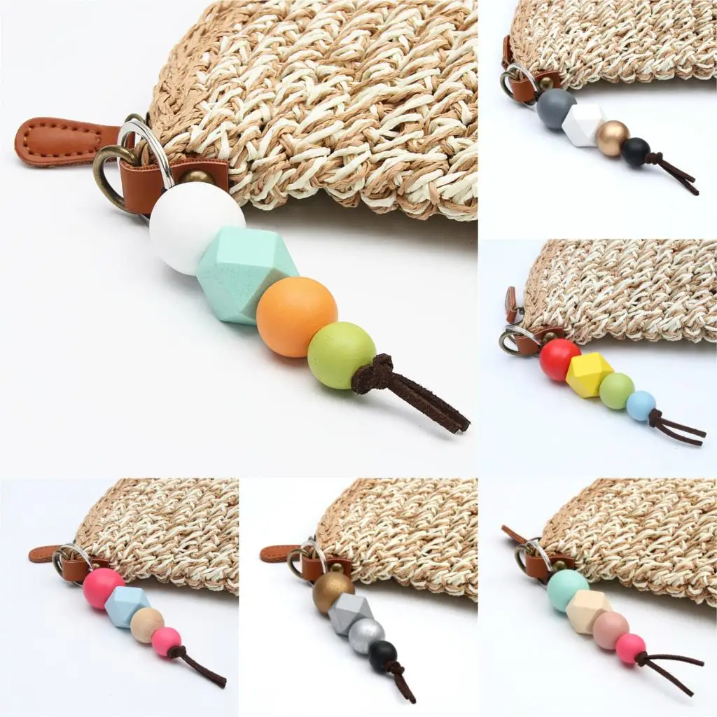 1pc Colorful Wood Beads Geometry Wooden Ball Keychains For Women
