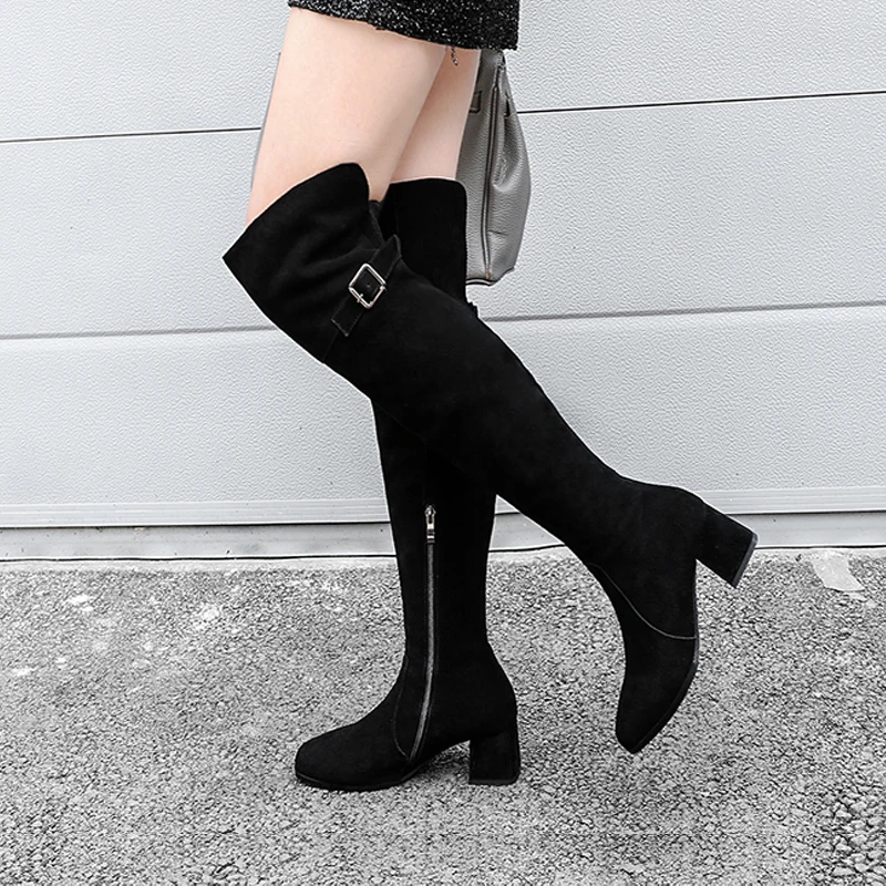 

Genuine Leather Over The Knee Boots Black Square High Heel Shoes Keep Warm Fur Winter Snow Boots Knight Riding Boots Botas