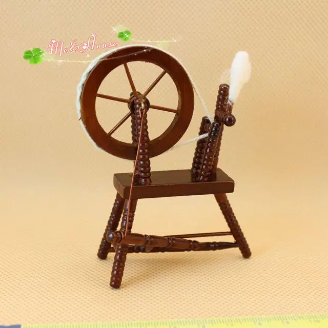 Dolls House Walnut Wood Spinning Wheel Miniature Sewing Room Furniture 