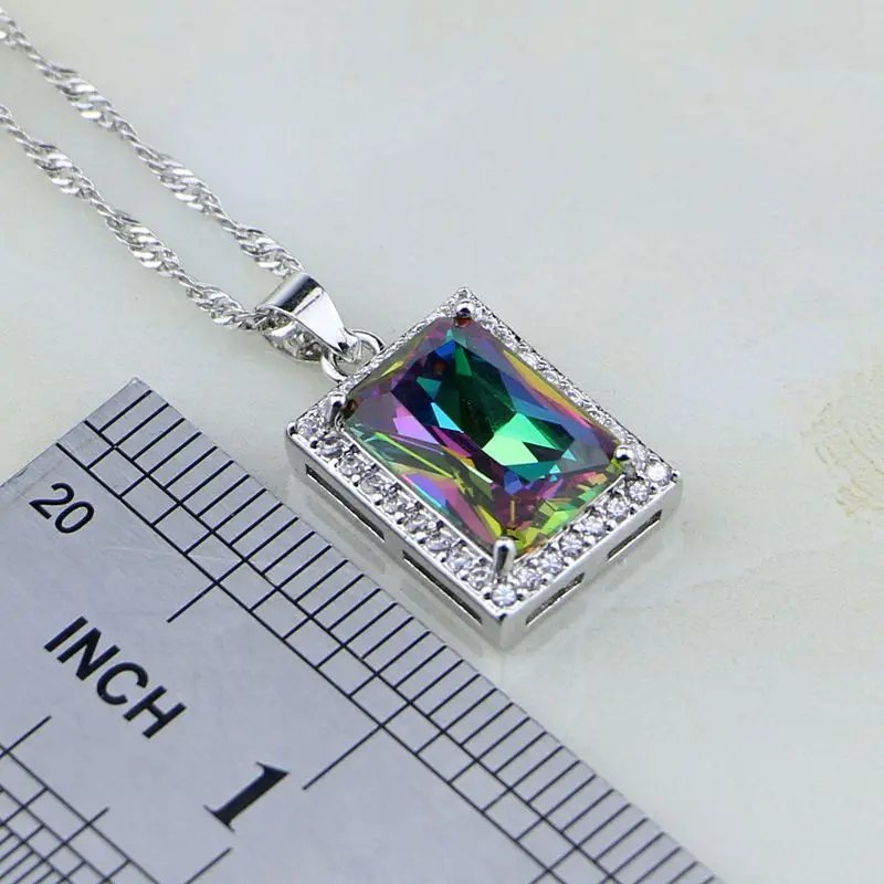 Ceny Naturalne kwadratowe Mystic Rainbow ogień biały cyrkon 925 srebrny zestawy biżuterii dla kobiet naszyjnik kolczyki wisiorek pierścień