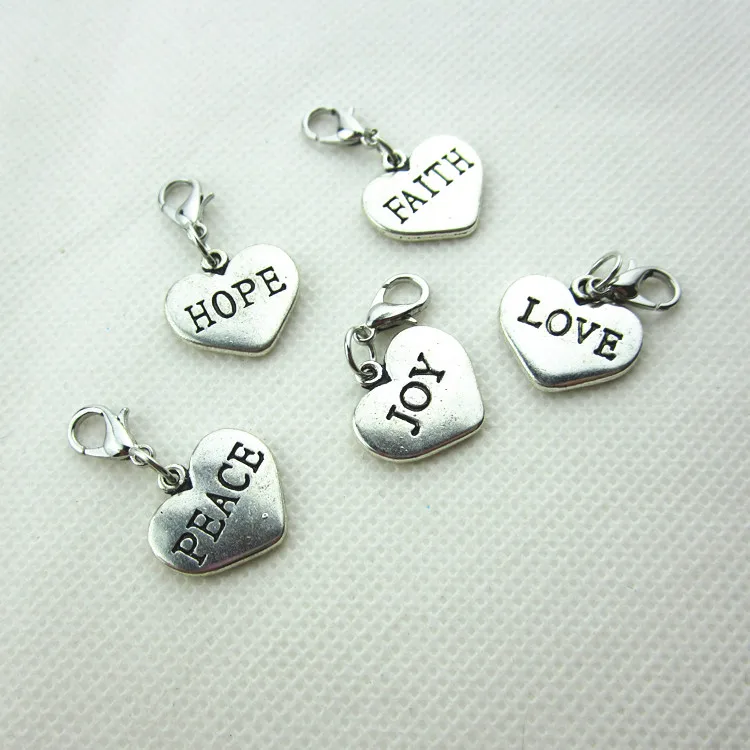 

50pcs/lot Mix HOPE FAITH PEACE JOY LOVE heart dangle lobster clasp charm diy bracelet pendants jewelry accessory floating charms