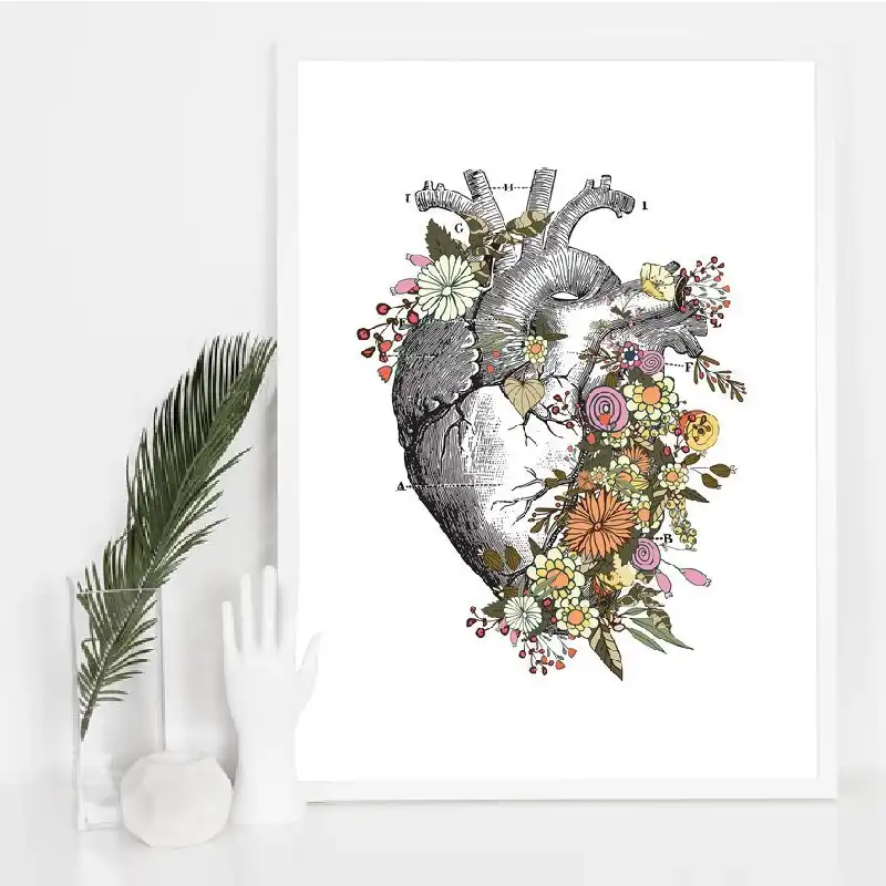 Vintage Anatomy Floral Heart Brain Wall Art Canvas Painting Medical Poster Decor